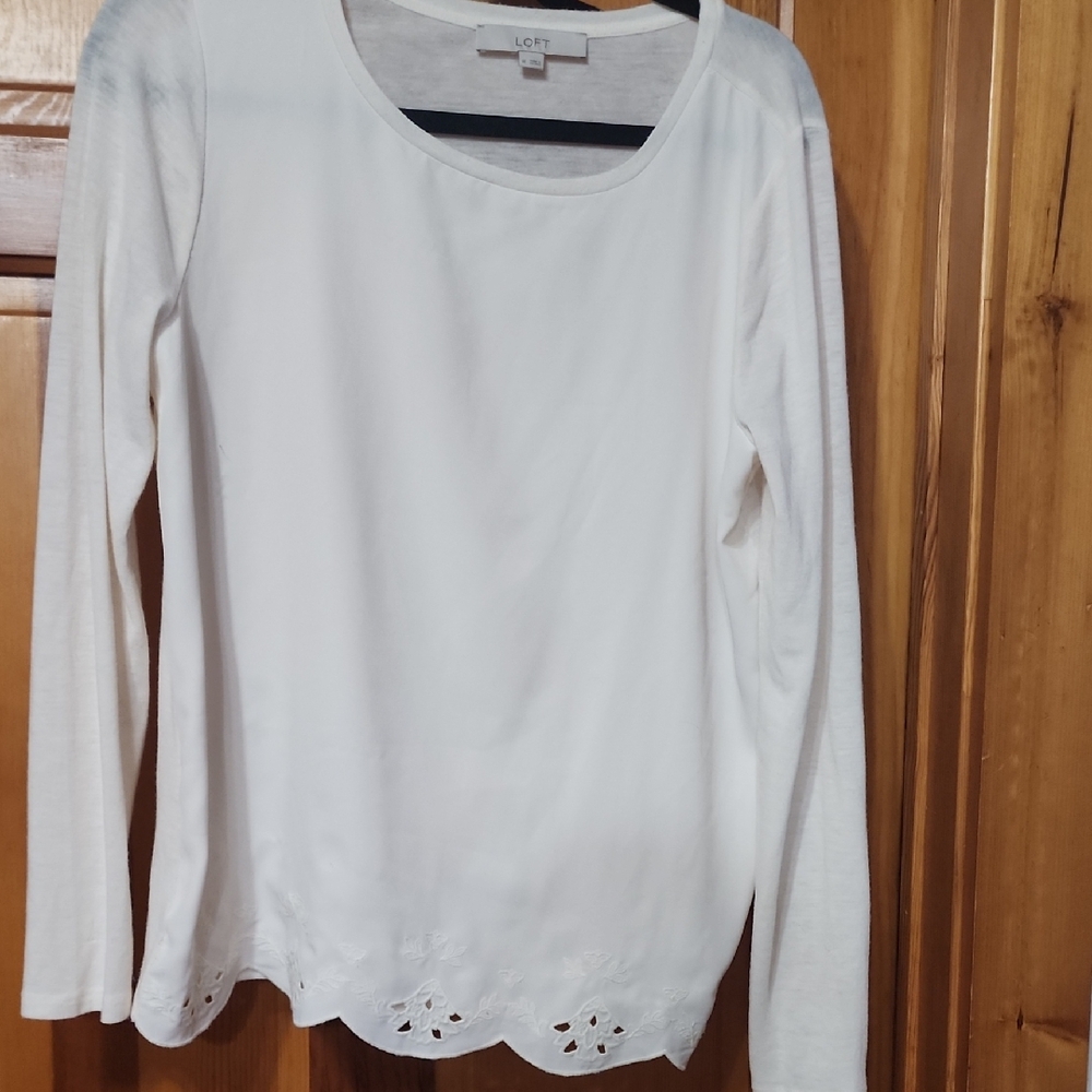 LOFT Women's Cream Long Sleeve Top with Eyelet Hem